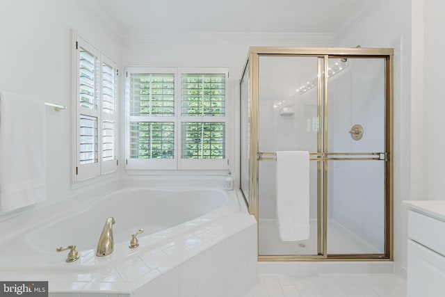 1251 Wild Hawthorn Way, Reston, VA 20194 - bathroom featuring a bath, a stall shower, crown molding, and vanity