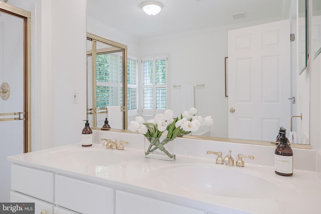 1251 Wild Hawthorn Way, Reston, VA 20194 - bathroom with double vanity, a shower stall, and crown molding