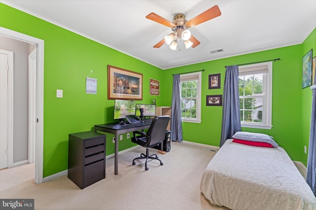 12695 Kettering Dr, Herndon, VA 20171 - bedroom with carpet flooring, crown molding, baseboards, an office area, and a ceiling fan