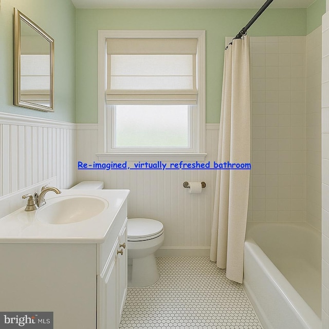 8024 Kimberly Rd, Dundalk, MD 21222 - bathroom featuring a wainscoted wall, toilet, vanity, shower / tub combo, and tile patterned flooring