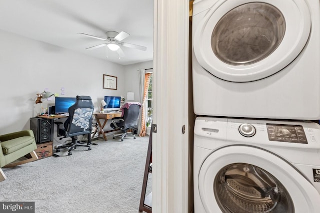 71 Sudbury Sq, Sterling, VA 20164 - washroom with stacked washing machine and dryer, carpet flooring, a ceiling fan, and an office area