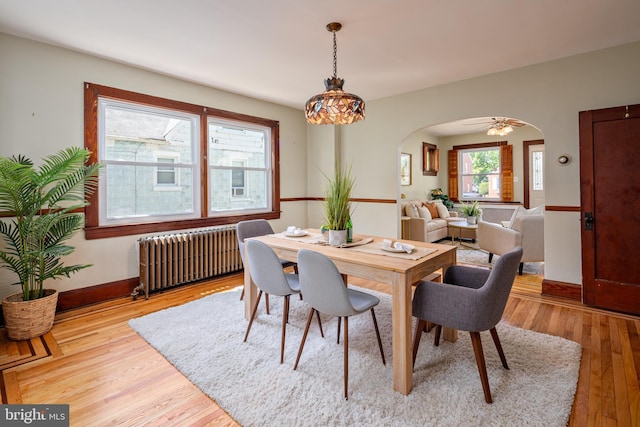 3023 Chesley, Baltimore, MD 21234 - dining room featuring radiator, arched walkways, wood finished floors, and baseboards
