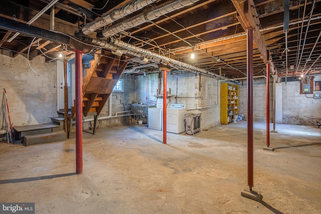 3023 Chesley, Baltimore, MD 21234 - unfinished below grade area featuring washing machine and dryer, stairway, electric panel, and a sink