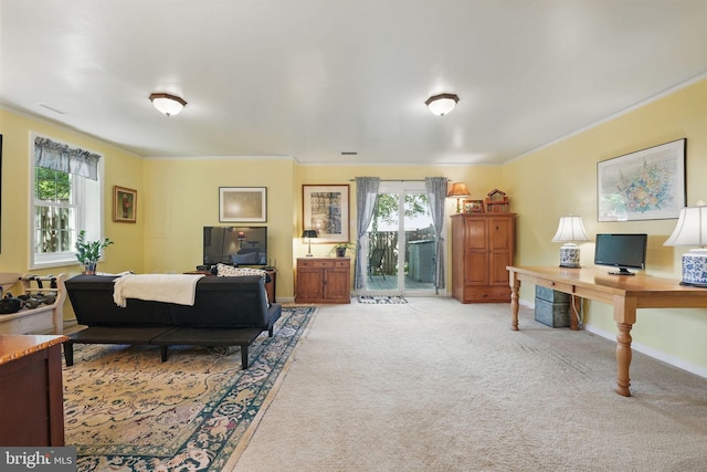 6090 Crown Royal Cir, Alexandria, VA 22310 - living room with plenty of natural light, light carpet, and crown molding