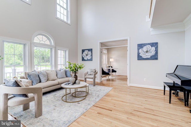 42720 Mount Auburn Pl, Broadlands, VA 20148 - living area with a high ceiling, baseboards, wood finished floors, and crown molding