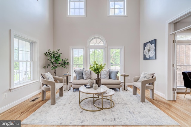 42720 Mount Auburn Pl, Broadlands, VA 20148 - living room with a high ceiling, baseboards, and wood finished floors