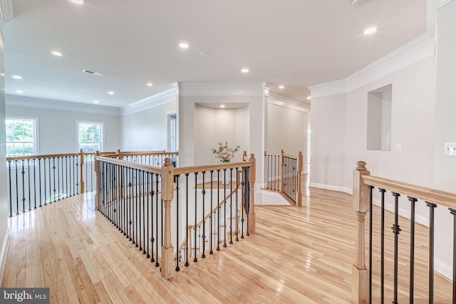 42720 Mount Auburn Pl, Broadlands, VA 20148 - hallway featuring an upstairs landing, light wood-style flooring, ornamental molding, recessed lighting, and baseboards