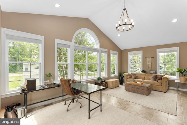 22415 Conservancy Dr, Ashburn, VA 20148 - home office with a chandelier, recessed lighting, and high vaulted ceiling
