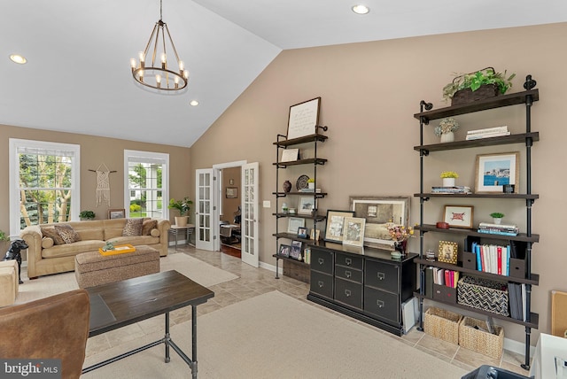22415 Conservancy Dr, Ashburn, VA 20148 - tiled living area with vaulted ceiling, french doors, recessed lighting, a chandelier, and baseboards