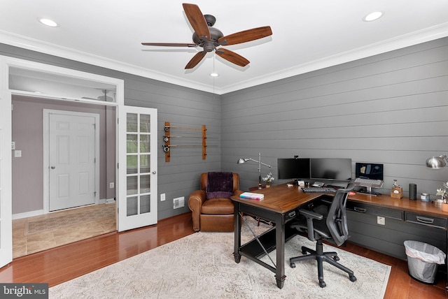 22415 Conservancy Dr, Ashburn, VA 20148 - office space with wood finished floors, crown molding, a ceiling fan, french doors, and recessed lighting