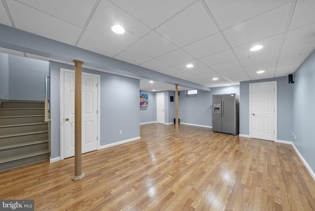 3 River Birch Cir, Princeton, NJ 08540 - finished basement featuring stainless steel fridge with ice dispenser, stairway, light wood-style floors, recessed lighting, and baseboards
