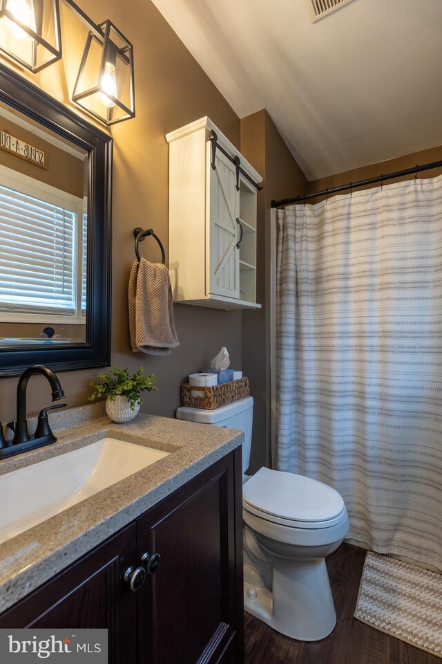 15245 Wedgewood Dr, Greencastle, PA 17225 - bathroom featuring vanity, toilet, wood finished floors, lofted ceiling, and a shower with curtain