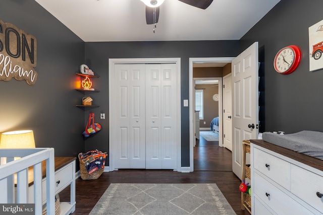 15245 Wedgewood Dr, Greencastle, PA 17225 - bedroom with dark wood-type flooring, a closet, ceiling fan, and baseboards