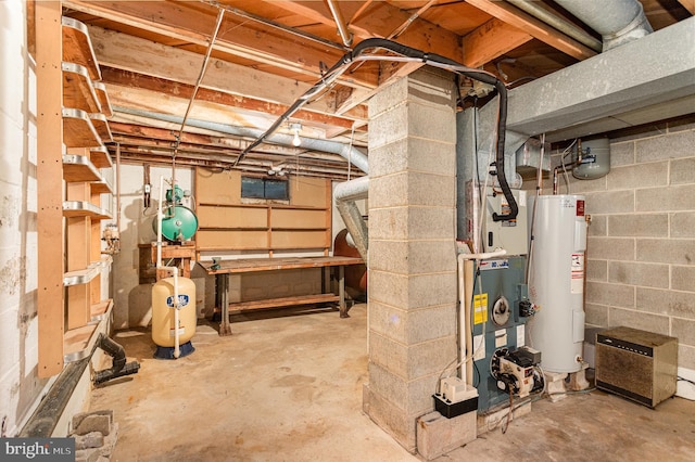 335 Bolton Ave, Carlisle, PA 17013 - unfinished basement featuring water heater, a water pressure tank, and heating unit