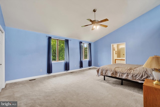 8292 Hickory Rd, Stewartstown, PA 17363 - carpeted bedroom with baseboards, ensuite bathroom, ceiling fan, and high vaulted ceiling