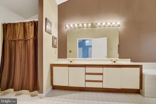 8292 Hickory Rd, Stewartstown, PA 17363 - bathroom featuring double vanity, lofted ceiling, and curtained shower