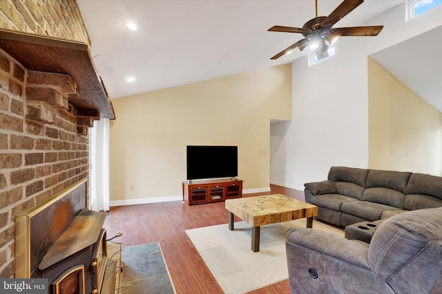 8292 Hickory Rd, Stewartstown, PA 17363 - living area with lofted ceiling, ceiling fan, baseboards, wood finished floors, and recessed lighting