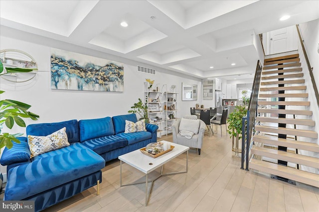 721 Daly St, Philadelphia, PA 19148 - living area featuring stairway, coffered ceiling, light wood-style flooring, beamed ceiling, and recessed lighting