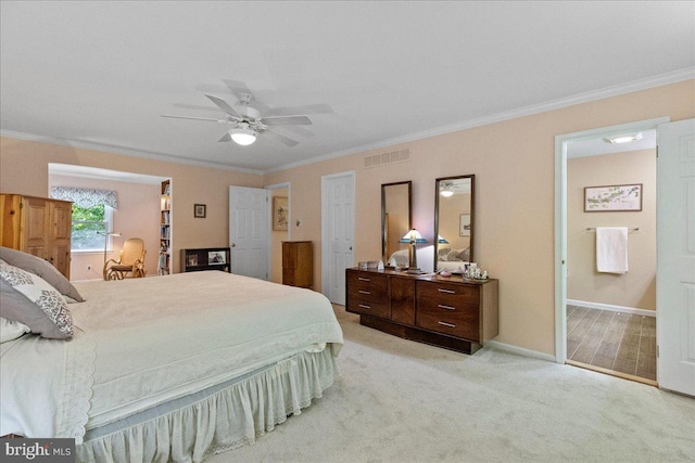 15 Hamilton Ct, Lawrenceville, NJ 08648 - bedroom with ornamental molding, light carpet, baseboards, a ceiling fan, and ensuite bath