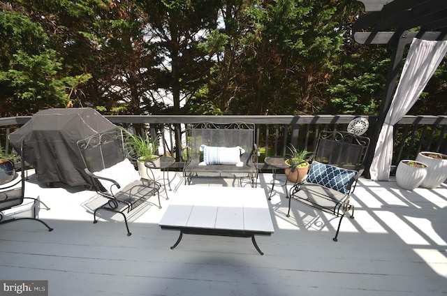 6385 Hunters Crossing Ct, Eldersburg, MD 21784 - wooden terrace with an outdoor living space, a pergola, and grilling area