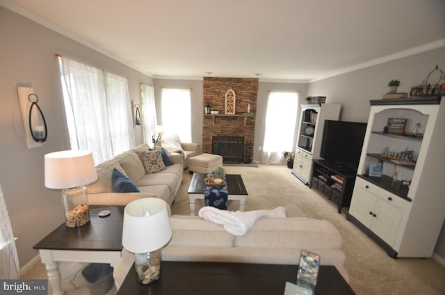 6385 Hunters Crossing Ct, Eldersburg, MD 21784 - living area featuring crown molding, plenty of natural light, light carpet, and a stone fireplace