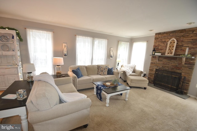 6385 Hunters Crossing Ct, Eldersburg, MD 21784 - carpeted living room with crown molding and a fireplace