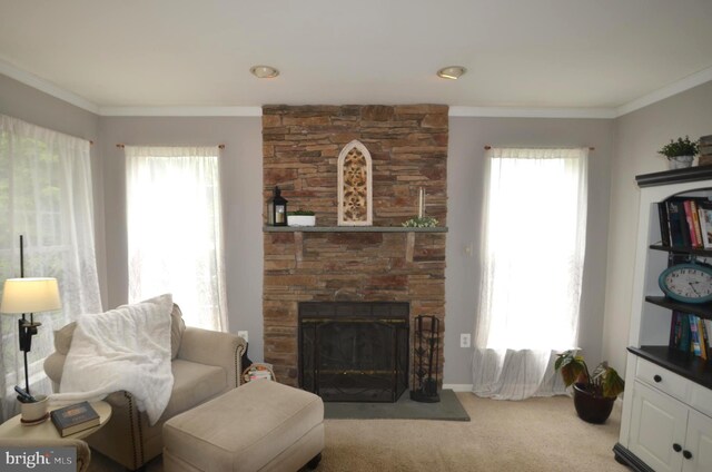 6385 Hunters Crossing Ct, Eldersburg, MD 21784 - living area with carpet flooring, ornamental molding, a stone fireplace, and healthy amount of natural light