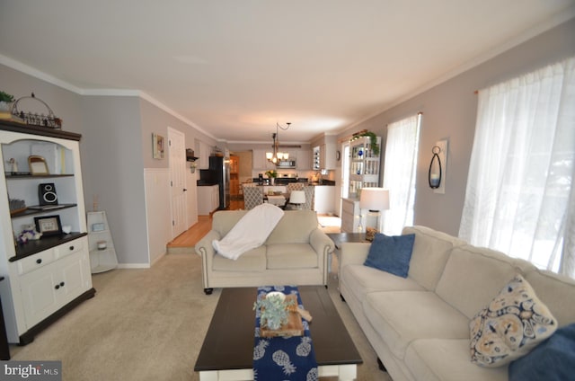 6385 Hunters Crossing Ct, Eldersburg, MD 21784 - living area with a chandelier, light colored carpet, and ornamental molding