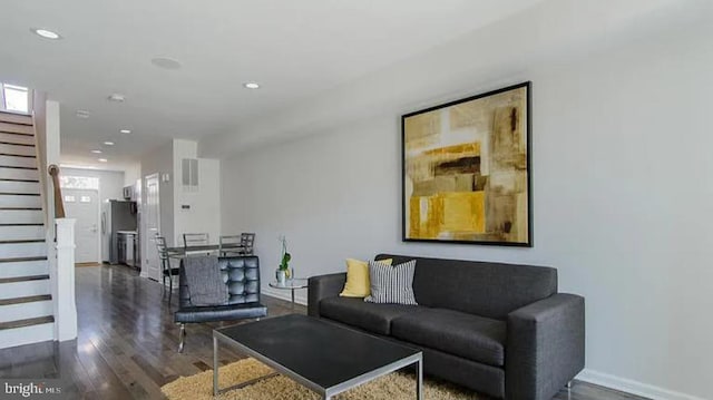 524 N Patterson Park Ave N, Baltimore, MD 21205 - living area with stairs, wood finished floors, recessed lighting, and baseboards