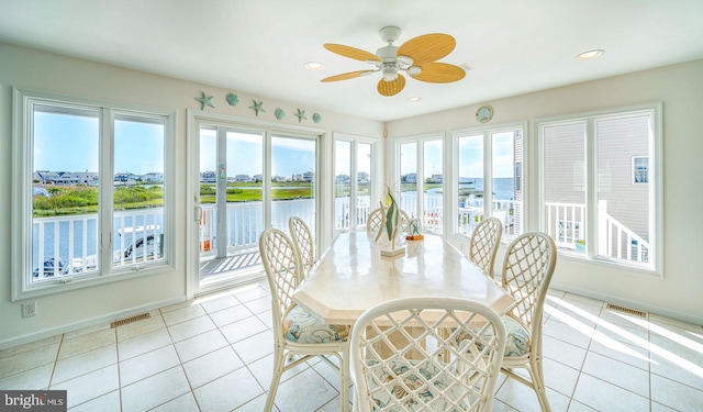 39 Kentucky Dr, Little Egg Harbor Twp, NJ 08087 - sunroom with french doors, a water view, tile patterned flooring, recessed lighting, and baseboards