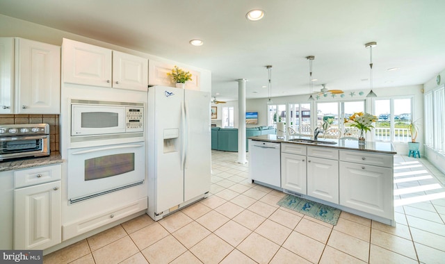 39 Kentucky Dr, Little Egg Harbor Twp, NJ 08087 - kitchen with white appliances, a sink, white cabinets, ceiling fan, and recessed lighting