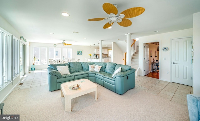 39 Kentucky Dr, Little Egg Harbor Twp, NJ 08087 - living area with ceiling fan, light tile patterned flooring, stairway, recessed lighting, and light carpet