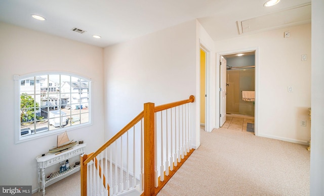 39 Kentucky Dr, Little Egg Harbor Twp, NJ 08087 - corridor with attic access, light colored carpet, recessed lighting, an upstairs landing, and baseboards