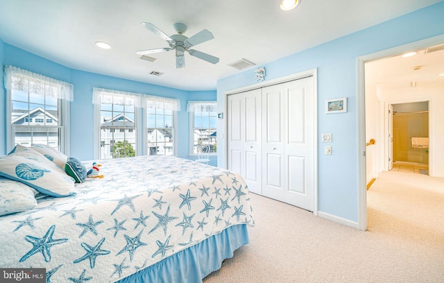 39 Kentucky Dr, Little Egg Harbor Twp, NJ 08087 - carpeted bedroom with baseboards, a closet, recessed lighting, and a ceiling fan