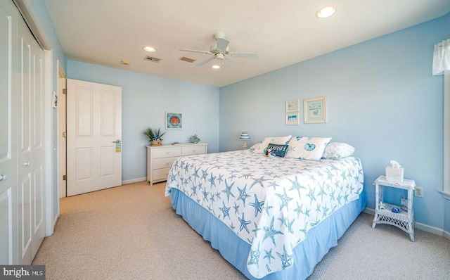 39 Kentucky Dr, Little Egg Harbor Twp, NJ 08087 - bedroom with light colored carpet, recessed lighting, a closet, baseboards, and ceiling fan