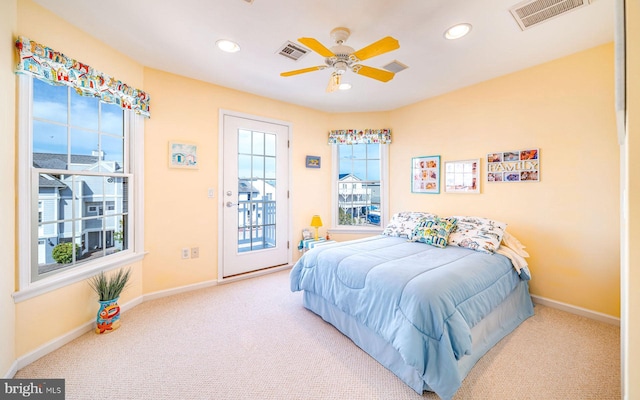 39 Kentucky Dr, Little Egg Harbor Twp, NJ 08087 - bedroom with carpet flooring, access to exterior, baseboards, recessed lighting, and ceiling fan