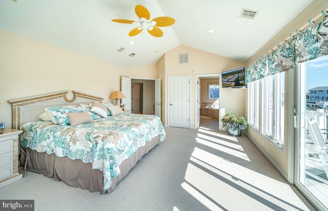 39 Kentucky Dr, Little Egg Harbor Twp, NJ 08087 - carpeted bedroom with access to exterior, ceiling fan, connected bathroom, and high vaulted ceiling