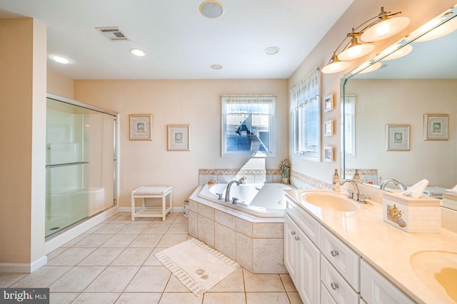 39 Kentucky Dr, Little Egg Harbor Twp, NJ 08087 - bathroom with a jetted tub, a stall shower, double vanity, tile patterned floors, and recessed lighting