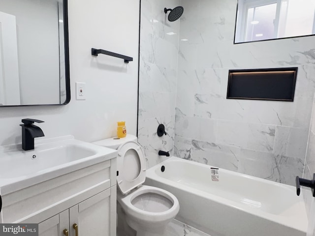 2015 S 23rd St, Philadelphia, PA 19145 - full bathroom featuring vanity, toilet,  shower combination, and marble look tiles