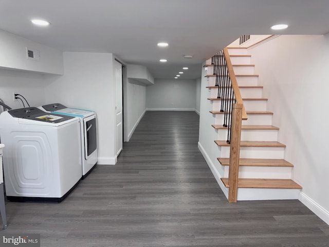 2015 S 23rd St, Philadelphia, PA 19145 - laundry room featuring washer and clothes dryer, baseboards, recessed lighting, and dark wood-style floors