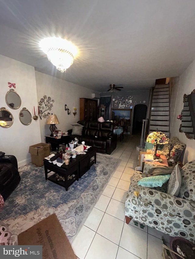 2844 N Hancock St, Philadelphia, PA 19133 - living area featuring stairs, light tile patterned floors, and a ceiling fan