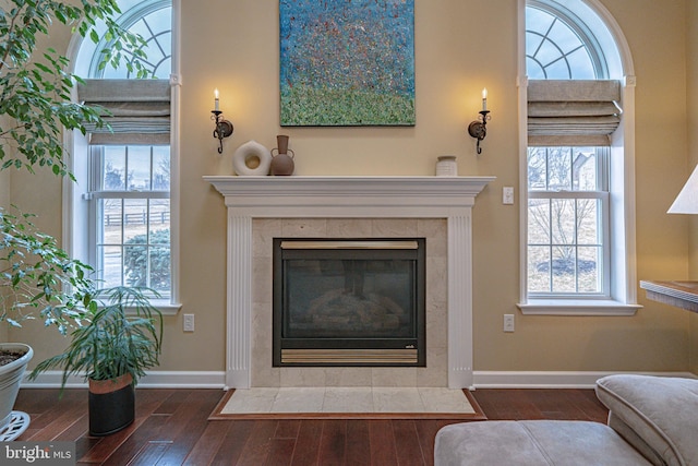 4408 Irish Creek Rd, Bernville, PA 19506 - living room featuring a tiled fireplace, wood finished floors, healthy amount of natural light, and baseboards