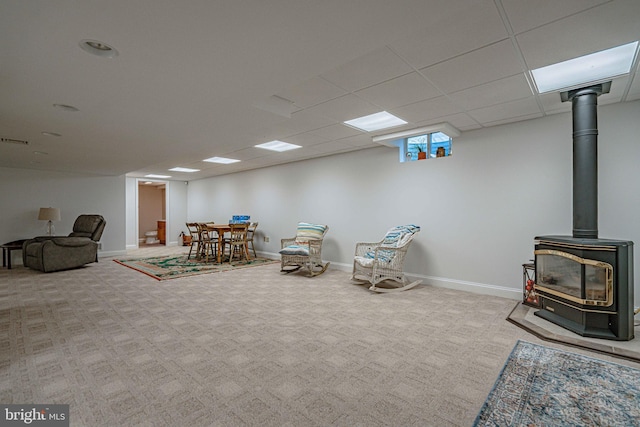 4408 Irish Creek Rd, Bernville, PA 19506 - game room featuring a wood stove, carpet, and baseboards