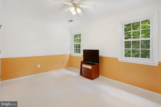 10401 Zion Dr, Fairfax, VA 22032 - empty room featuring plenty of natural light, a ceiling fan, baseboards, carpet floors, and crown molding