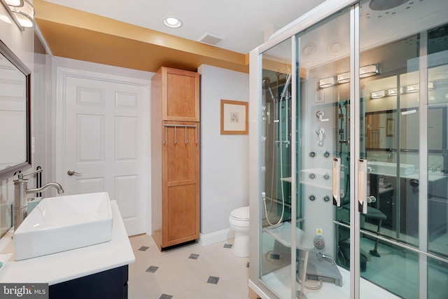 10401 Zion Dr, Fairfax, VA 22032 - bathroom featuring vanity, a stall shower, toilet, recessed lighting, and baseboards