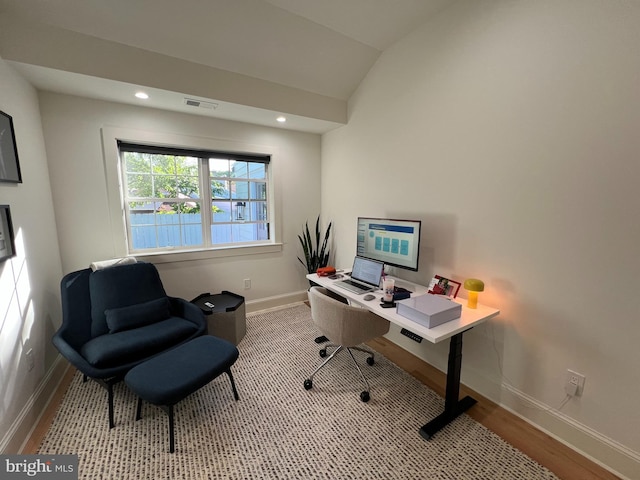3200 Winnett Rd, Chevy Chase, MD 20815 - office area with baseboards, wood finished floors, lofted ceiling, and recessed lighting