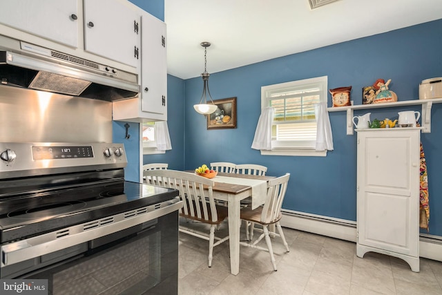 1110 Holland Ave, Cambridge, MD 21613 - kitchen with electric range, under cabinet range hood, white cabinetry, hanging light fixtures, and a baseboard heating unit