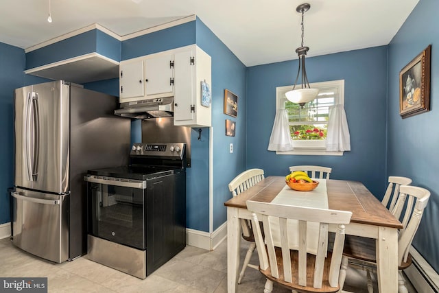 1110 Holland Ave, Cambridge, MD 21613 - kitchen featuring appliances with stainless steel finishes, under cabinet range hood, a baseboard heating unit, white cabinetry, and baseboards