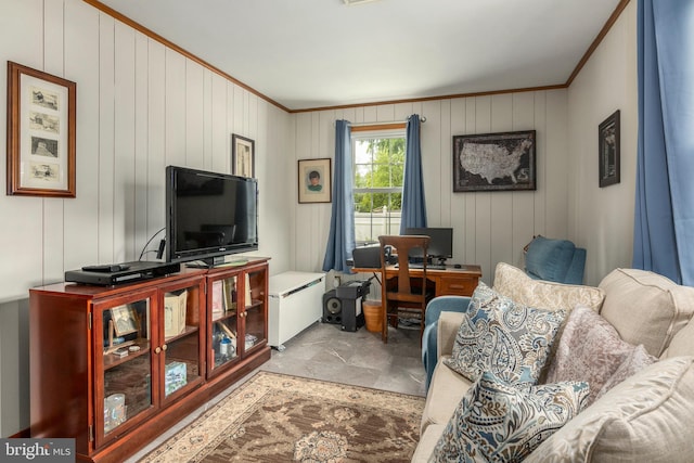 1110 Holland Ave, Cambridge, MD 21613 - living room featuring ornamental molding, stone finish flooring, and an office area