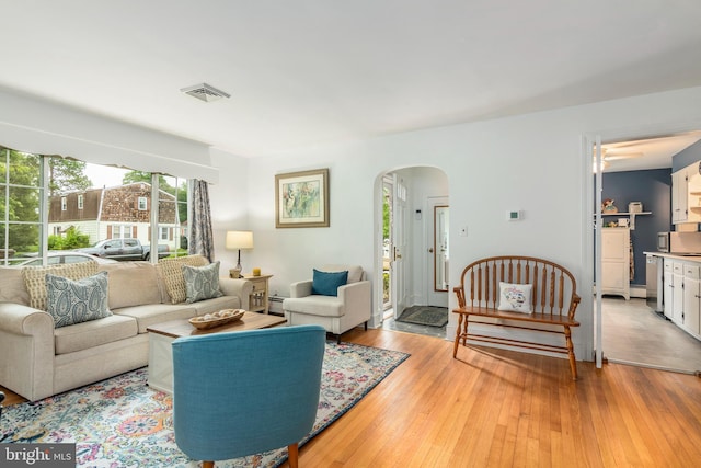 1110 Holland Ave, Cambridge, MD 21613 - living room featuring arched walkways, light wood finished floors, and a baseboard radiator